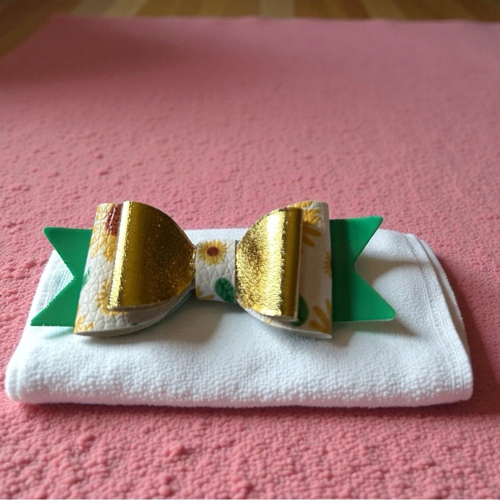 Handmade Faux Leather Hair Bow – Sunflower & Gold Accent